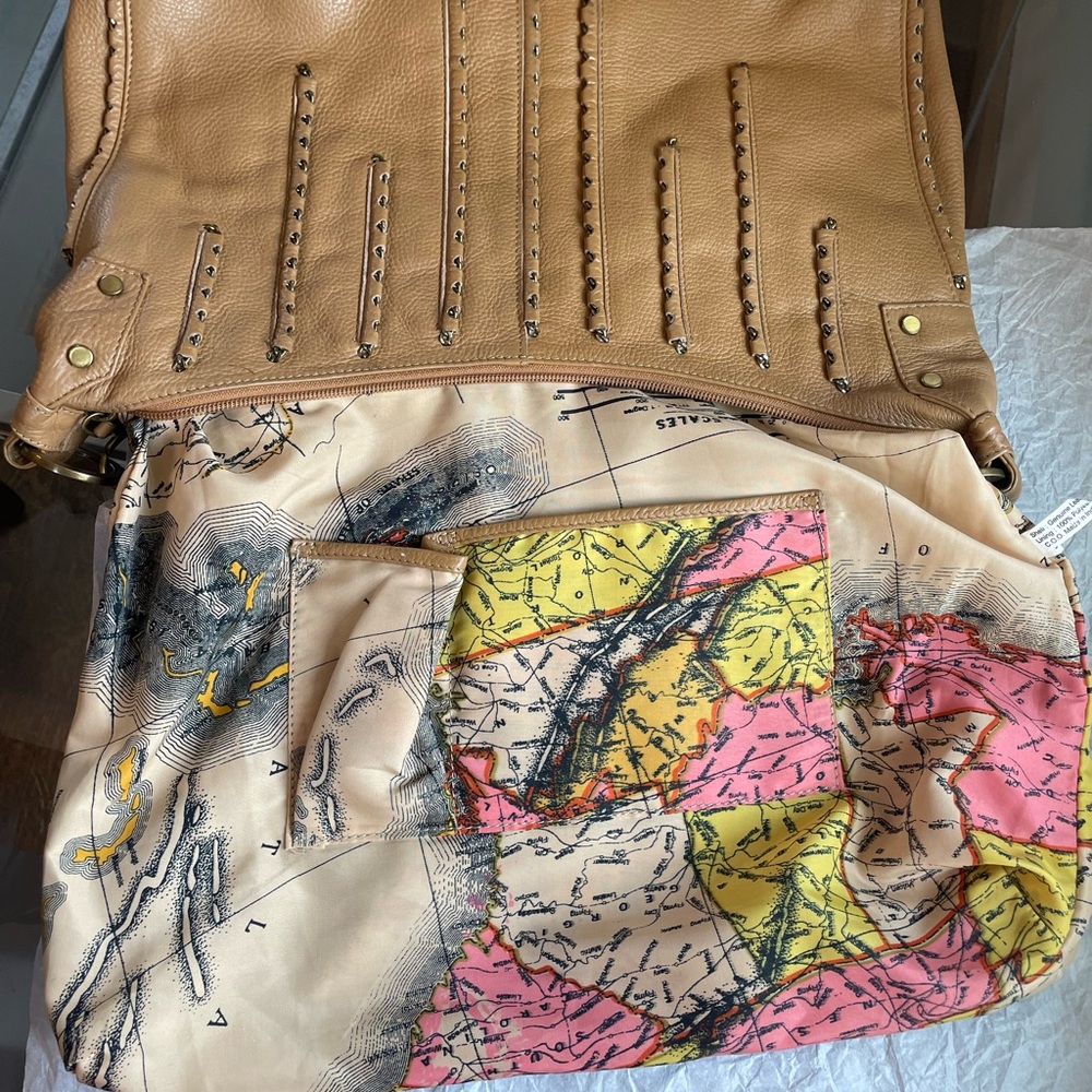 Original by Sharif 1827 Genuine Leather Shoulder Bag Tan Chain Details Map Lined - Picture 14 of 17
